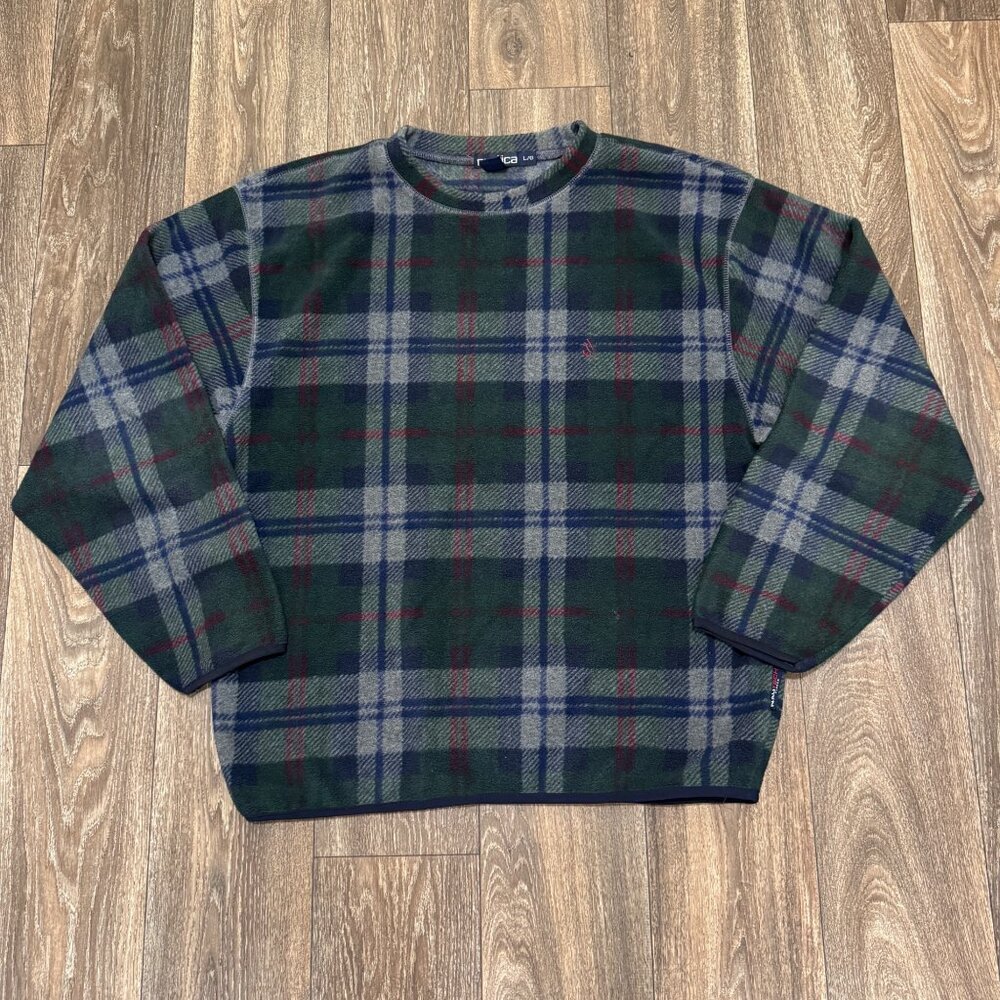 VTG Nautica Sweatshirt Men's Large Black Watch Tartan Plaid NauTech Fleece 90s